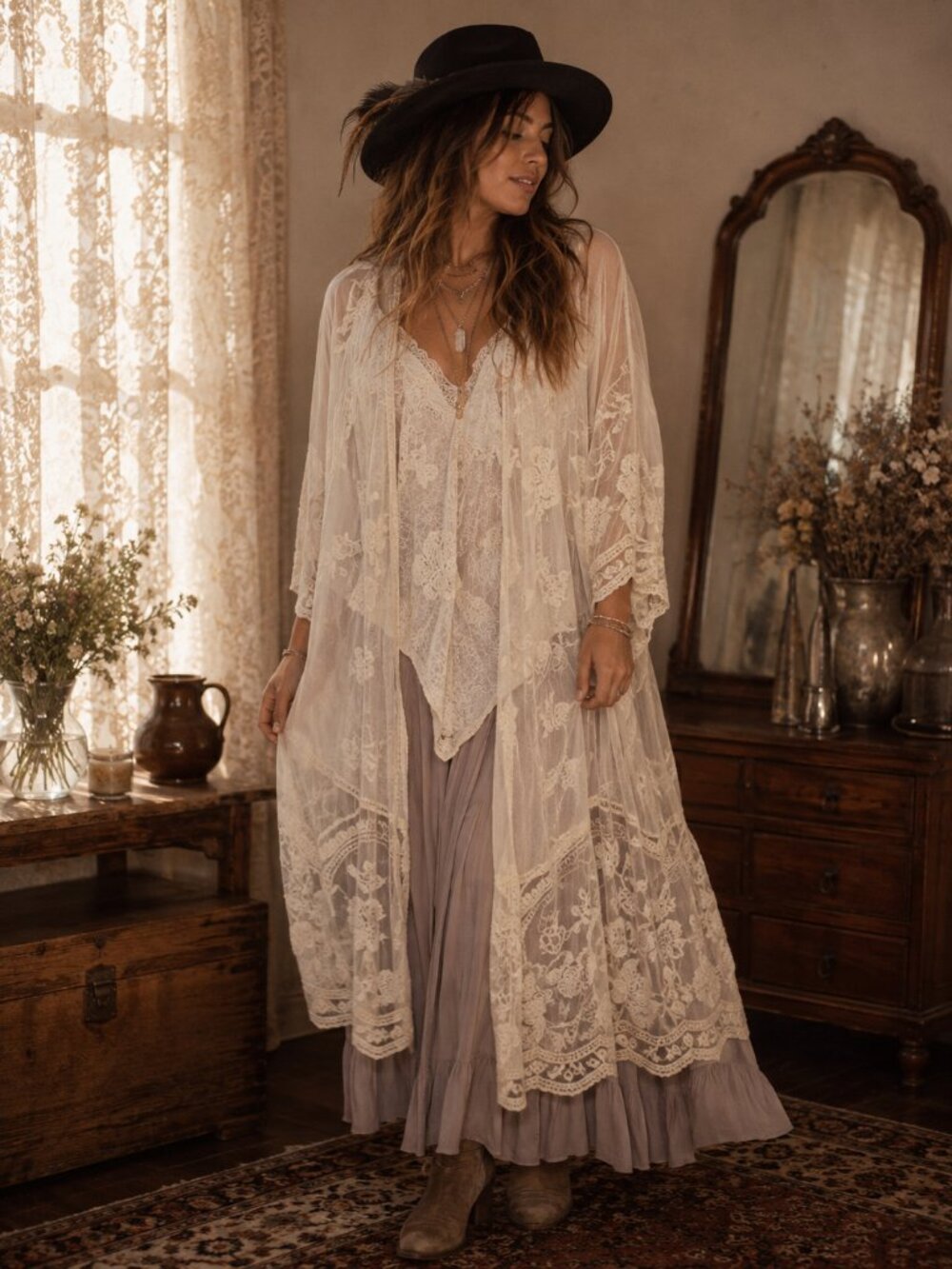 Ivory Embroidered Lace Longline Kimono - NWT